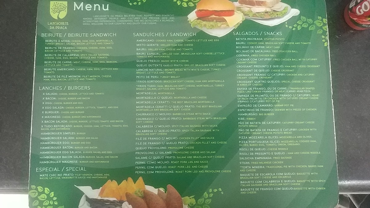 Cardápio oficial da Lanchonete da Praça, com lanches, sanduíches e salgados